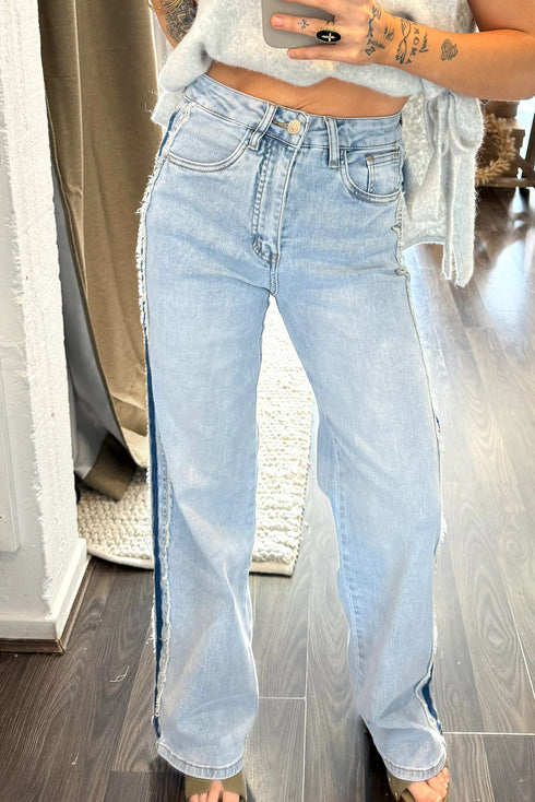Frayed Side Panel Patchwork Striped Wide Leg Jeans