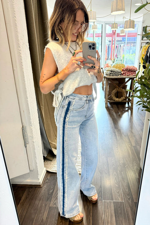 Frayed Side Panel Patchwork Striped Wide Leg Jeans