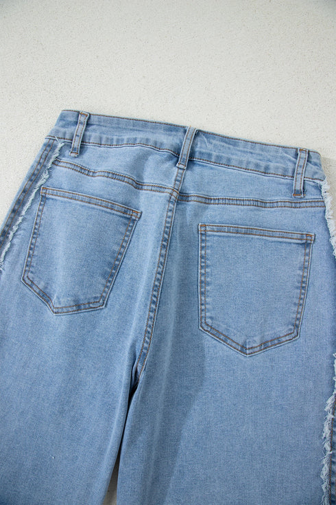 Frayed Side Panel Patchwork Striped Wide Leg Jeans