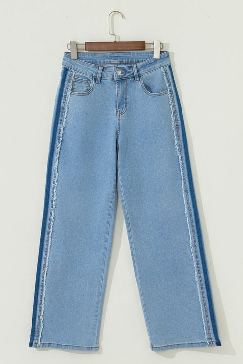 Frayed Side Panel Patchwork Striped Wide Leg Jeans