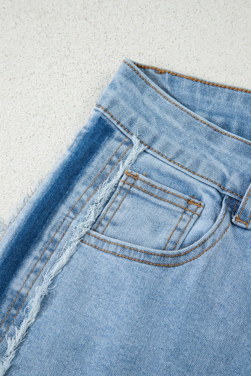 Frayed Side Panel Patchwork Striped Wide Leg Jeans