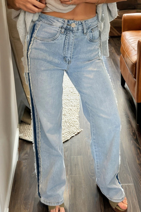 Frayed Side Panel Patchwork Striped Wide Leg Jeans