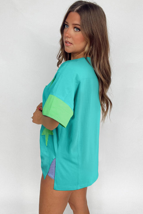 Frayed Star Patch Color Block Oversized T-Shirt Top