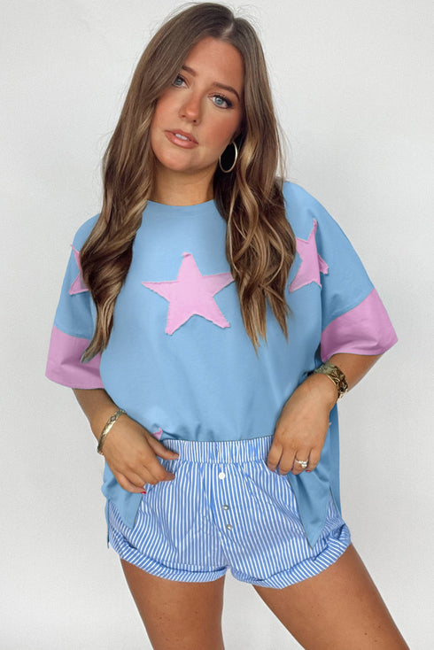 Frayed Star Patch Color Block Oversized T-Shirt Top