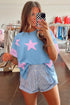 Frayed Star Patch Color Block Oversized T-Shirt Top