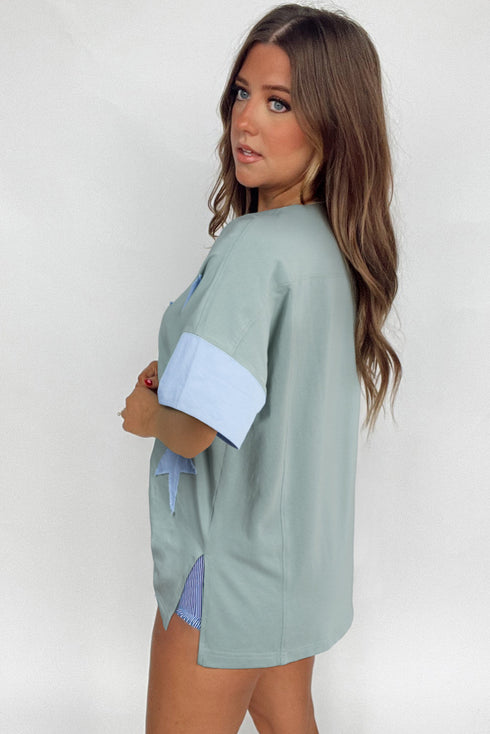 Frayed Star Patch Color Block Oversized T-Shirt Top