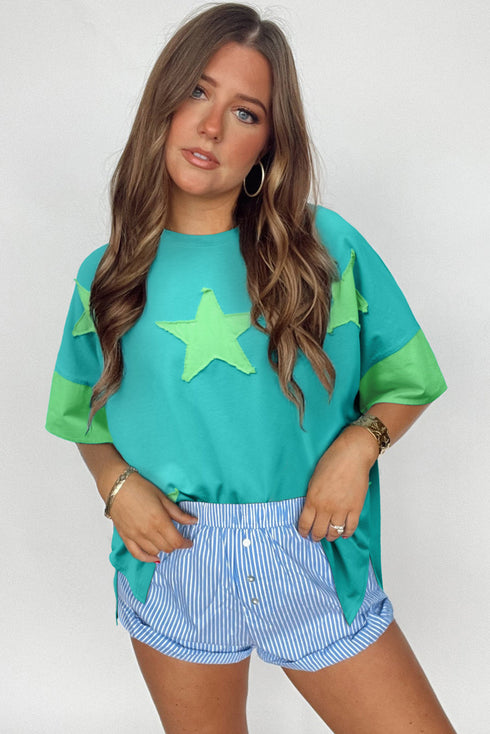 Frayed Star Patch Color Block Oversized T-Shirt Top