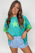 Frayed Star Patch Color Block Oversized T-Shirt Top