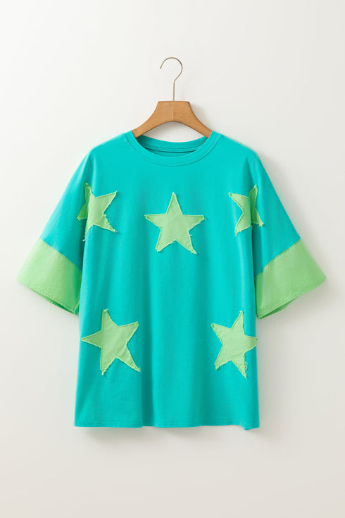 Frayed Star Patch Color Block Oversized T-Shirt Top