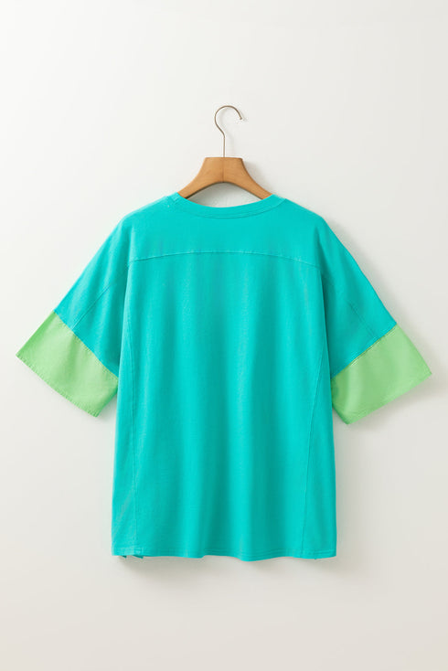 Frayed Star Patch Color Block Oversized T-Shirt Top