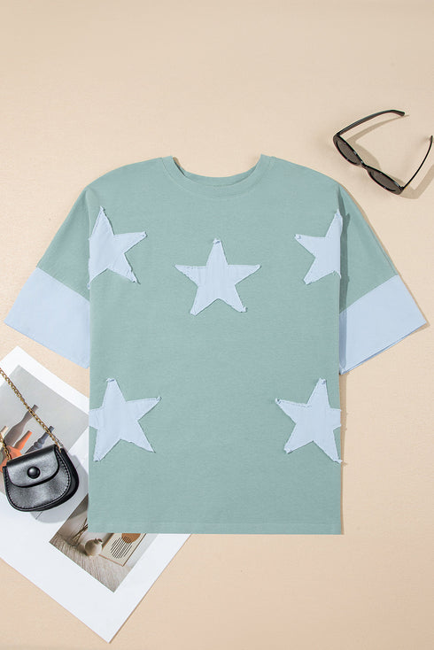 Frayed Star Patch Color Block Oversized T-Shirt Top