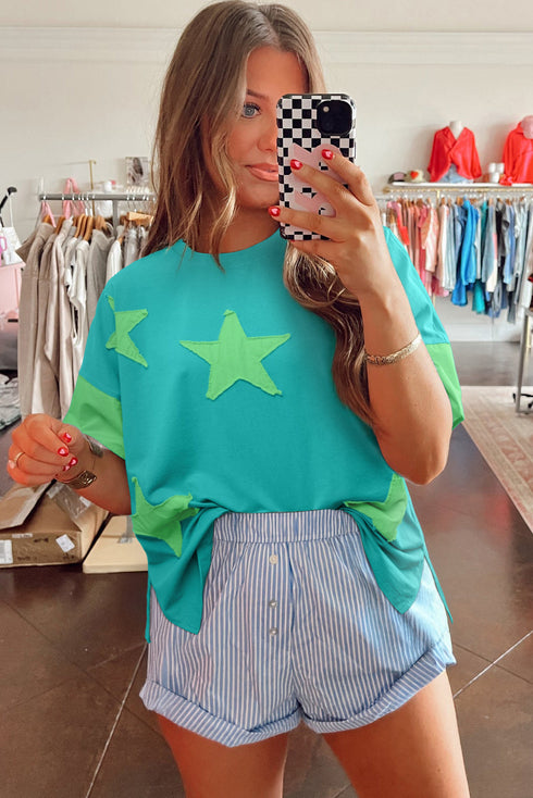 Frayed Star Patch Color Block Oversized T-Shirt Top