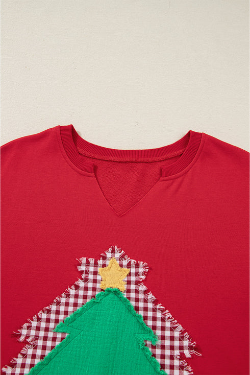 Frayed Tree Applique Split Neck Pullover Sweatshirt