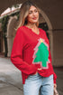 Frayed Tree Applique Split Neck Pullover Sweatshirt