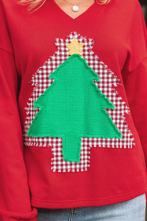 Frayed Tree Applique Split Neck Pullover Sweatshirt