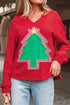 Frayed Tree Applique Split Neck Pullover Sweatshirt