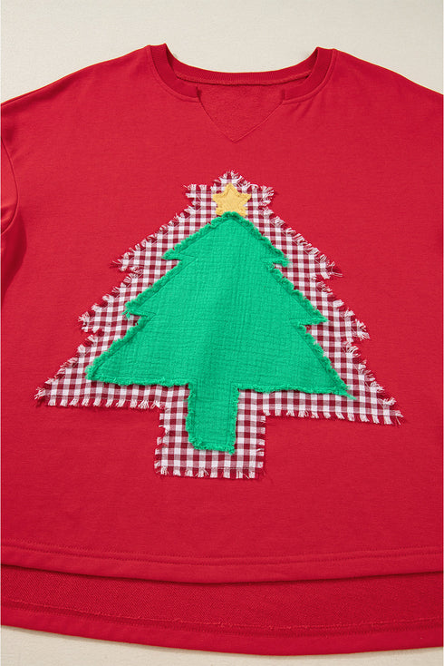 Frayed Tree Applique Split Neck Pullover Sweatshirt