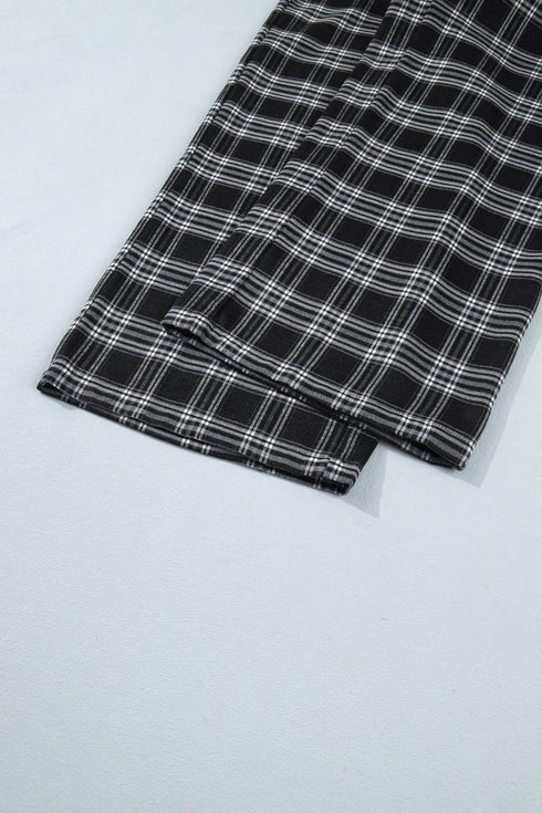 French Plaid Drawstring Waist Wide Leg Pants