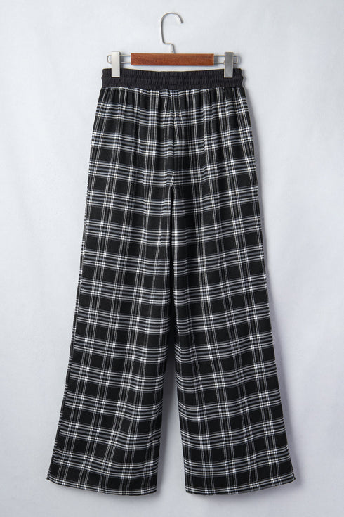 French Plaid Drawstring Waist Wide Leg Pants