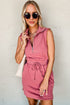 French Terry Zipped Collar Sleeveless Drawstring Waist Mini Dress