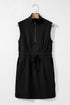French Terry Zipped Collar Sleeveless Drawstring Waist Mini Dress
