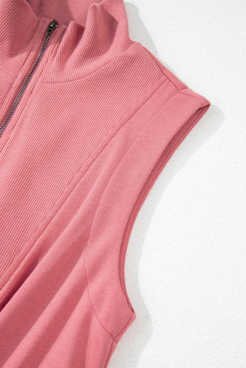 French Terry Zipped Collar Sleeveless Drawstring Waist Mini Dress