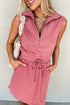 French Terry Zipped Collar Sleeveless Drawstring Waist Mini Dress
