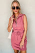 French Terry Zipped Collar Sleeveless Drawstring Waist Mini Dress