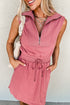 French Terry Zipped Collar Sleeveless Drawstring Waist Mini Dress
