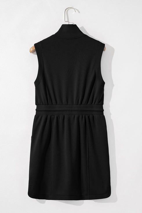 French Terry Zipped Collar Sleeveless Drawstring Waist Mini Dress