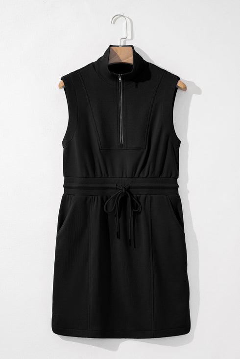 French Terry Zipped Collar Sleeveless Drawstring Waist Mini Dress
