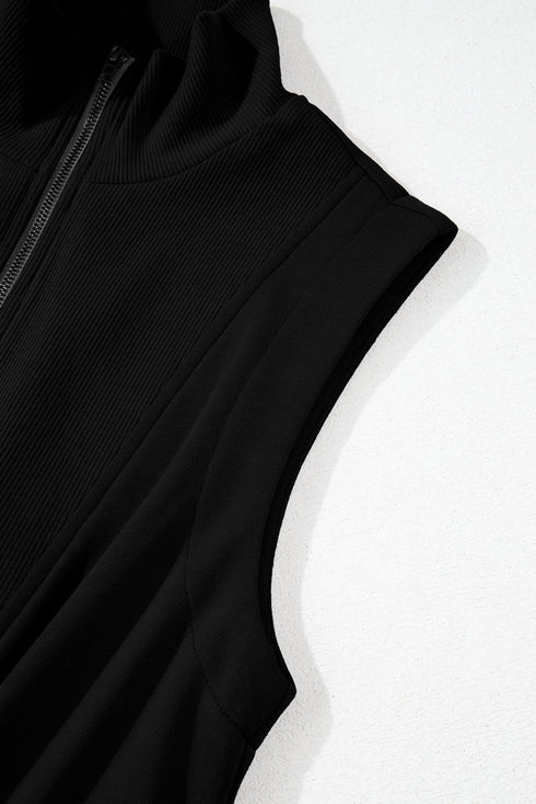 French Terry Zipped Collar Sleeveless Drawstring Waist Mini Dress