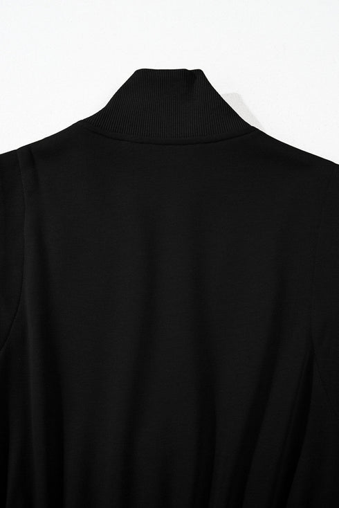 French Terry Zipped Collar Sleeveless Drawstring Waist Mini Dress