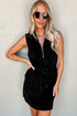 French Terry Zipped Collar Sleeveless Drawstring Waist Mini Dress
