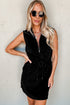 French Terry Zipped Collar Sleeveless Drawstring Waist Mini Dress