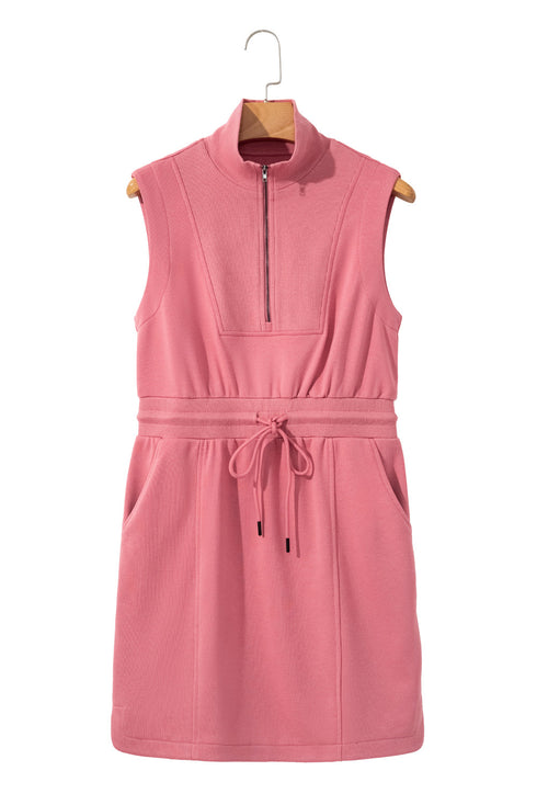 French Terry Zipped Collar Sleeveless Drawstring Waist Mini Dress
