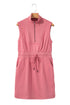 French Terry Zipped Collar Sleeveless Drawstring Waist Mini Dress