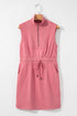 French Terry Zipped Collar Sleeveless Drawstring Waist Mini Dress