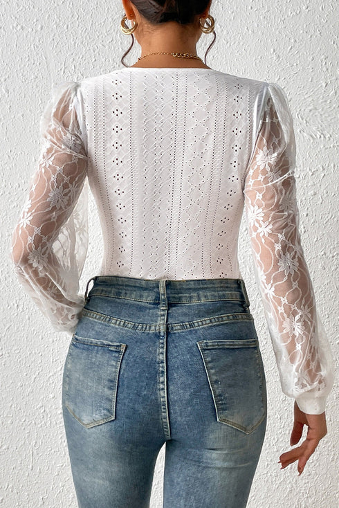Frenchy Contrast Lace Bishop Sleeve Bodysuit