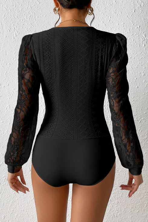 Frenchy Contrast Lace Bishop Sleeve Bodysuit
