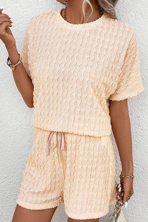 Frill Textured Short Sleeve Top and Drawstring Shorts Set