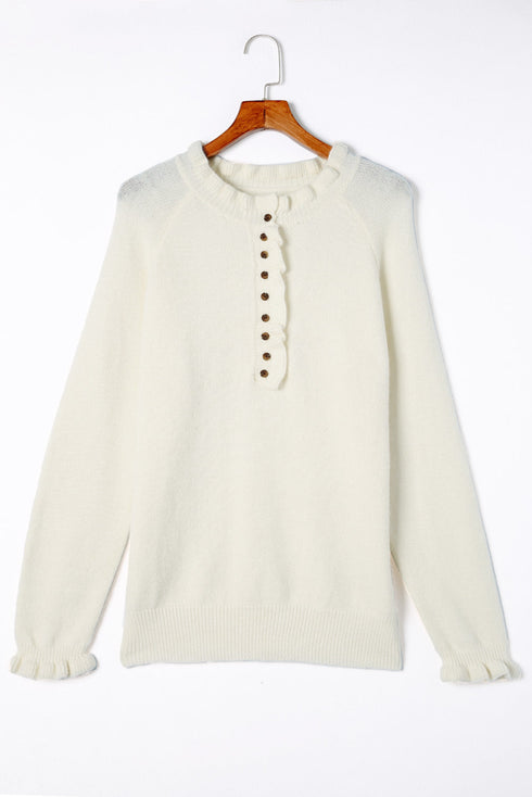 Frill Trim Buttoned Knit Pullover Sweater