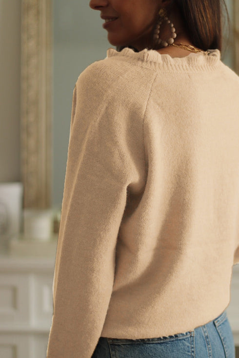 Frill Trim Buttoned Knit Pullover Sweater