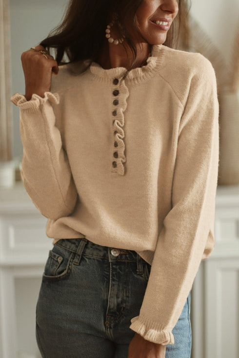 Frill Trim Buttoned Knit Pullover Sweater