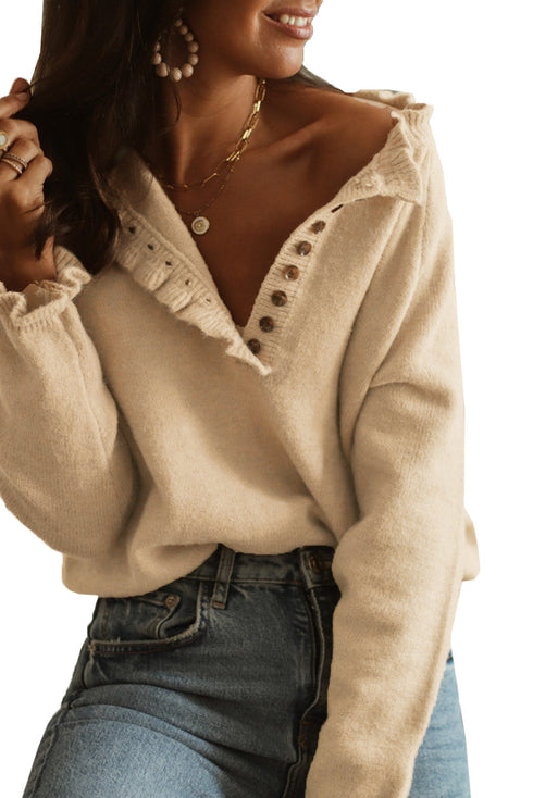 Frill Trim Buttoned Knit Pullover Sweater