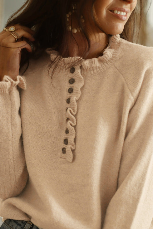 Frill Trim Buttoned Knit Pullover Sweater