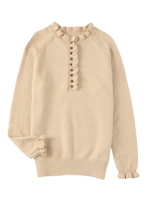 Frill Trim Buttoned Knit Pullover Sweater