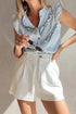 Frilled Cap Sleeve Mineral Wash Button Up Denim Shirt