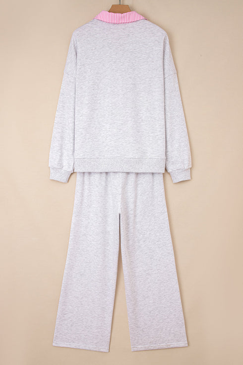 Frilled Collar Drop Shoulder Drawstring Wide Leg Pant Set