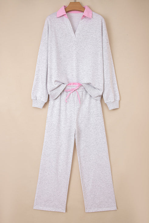 Frilled Collar Drop Shoulder Drawstring Wide Leg Pant Set